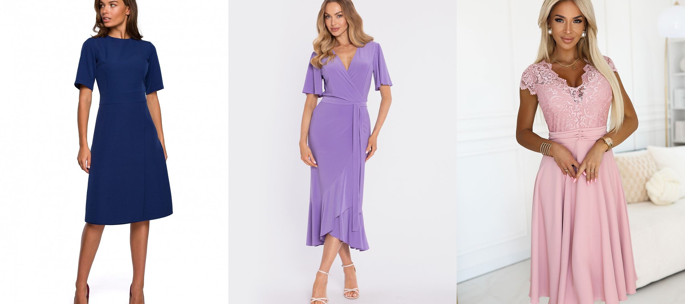 Trois robes à manches courtes : bleu marine, lilas et rose poudré