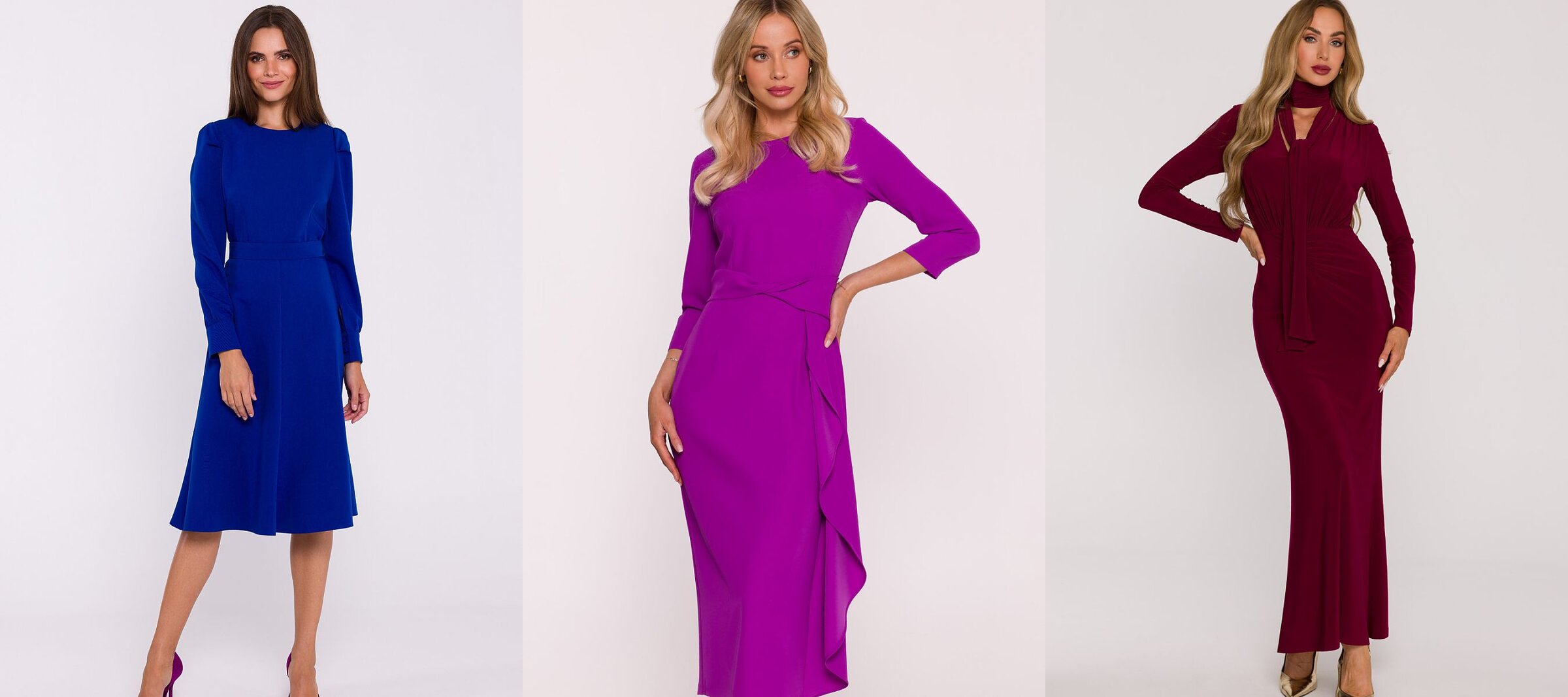 Trois robes à manches longues : bleu roi, violet et bordeaux