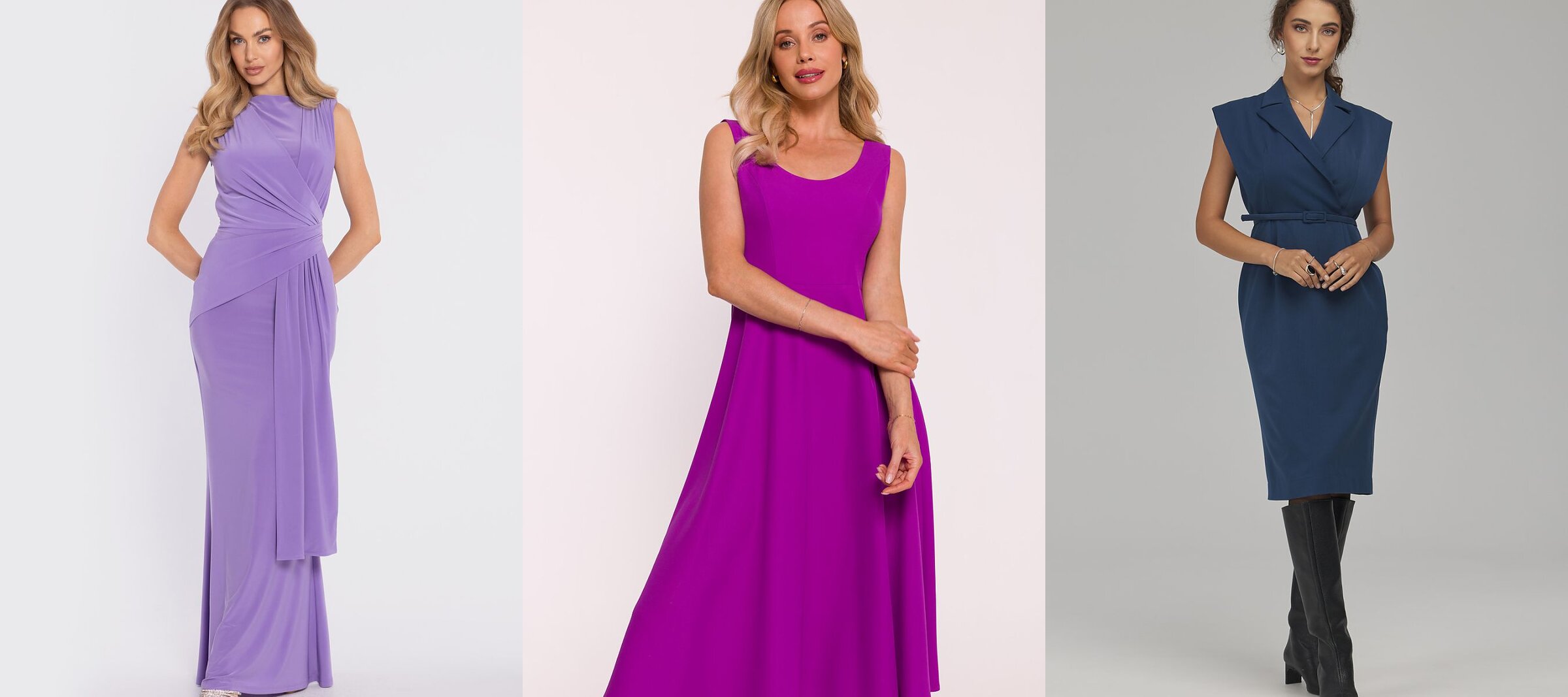 Trois robes sans manches : lilas, violet et bleu marine