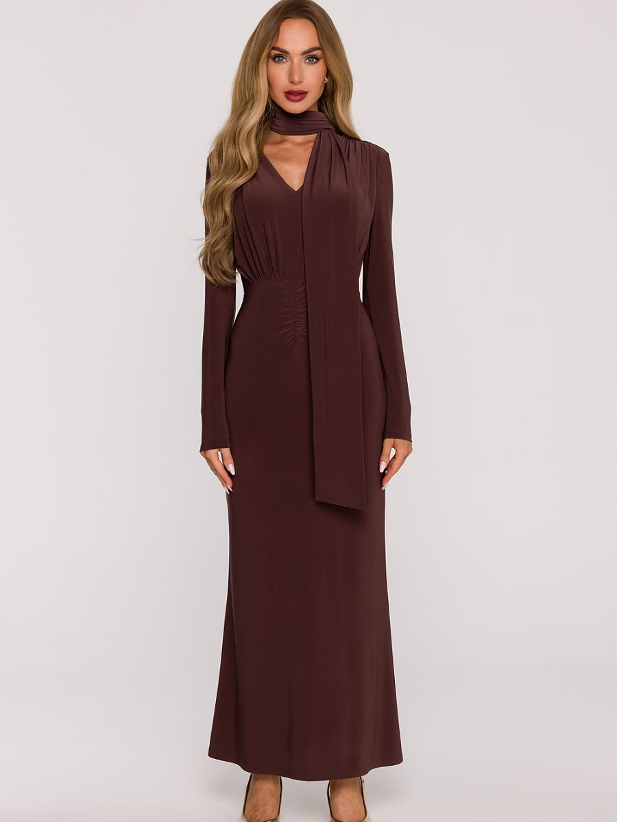 Robe longue Victoire à foulard, coloris chocolat, photo 1
