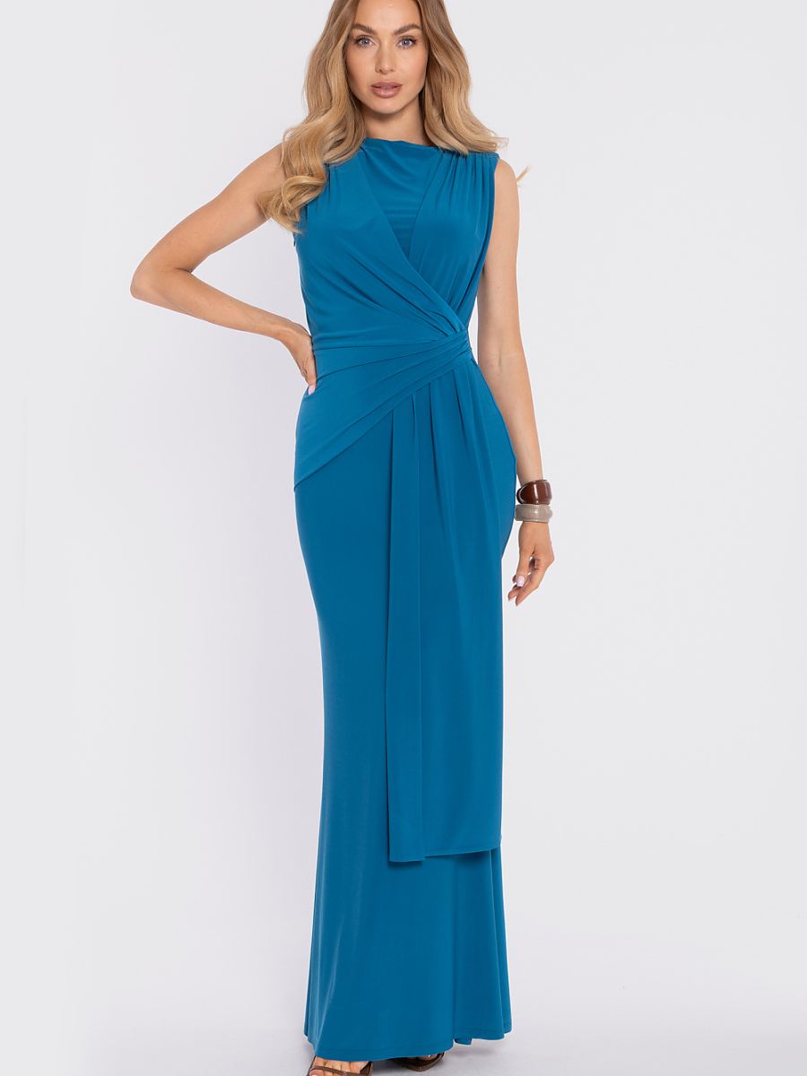 Robe longue drapée Constance, coloris bleu pétrole, photo 1
