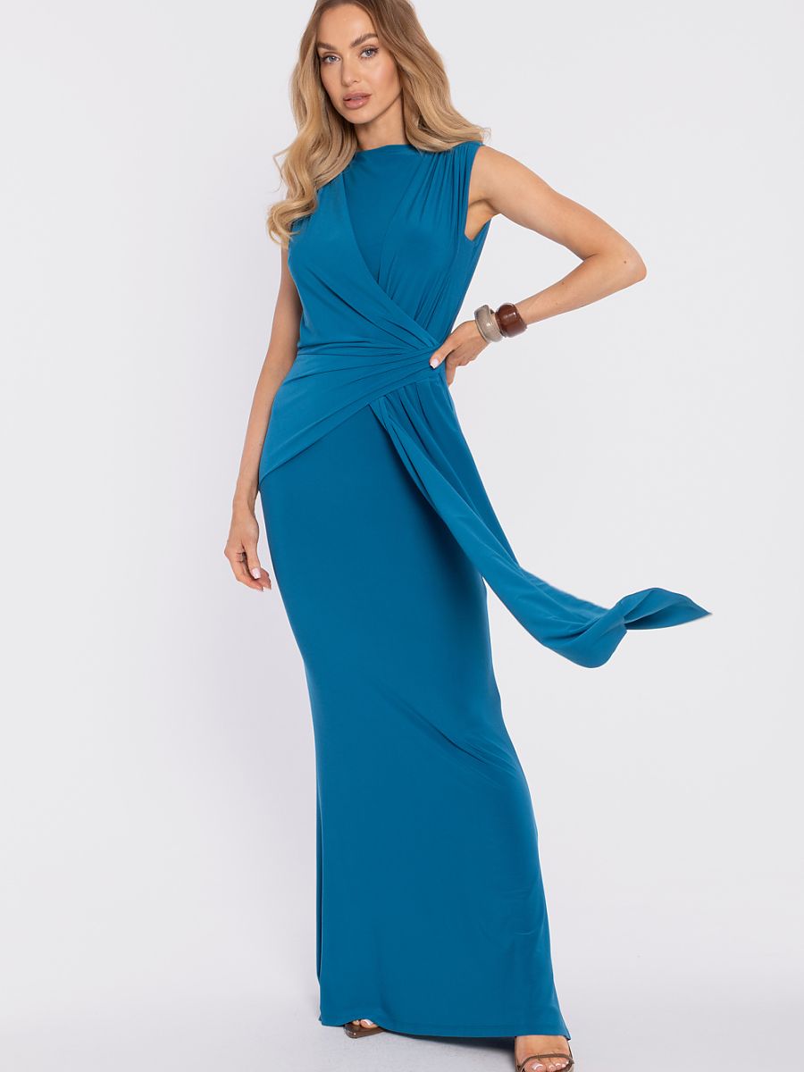 Robe longue drapée Constance, coloris bleu pétrole, photo 2