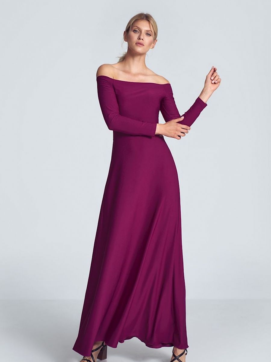 Robe longue Margaux épaules dégagées, coloris prune, photo 1