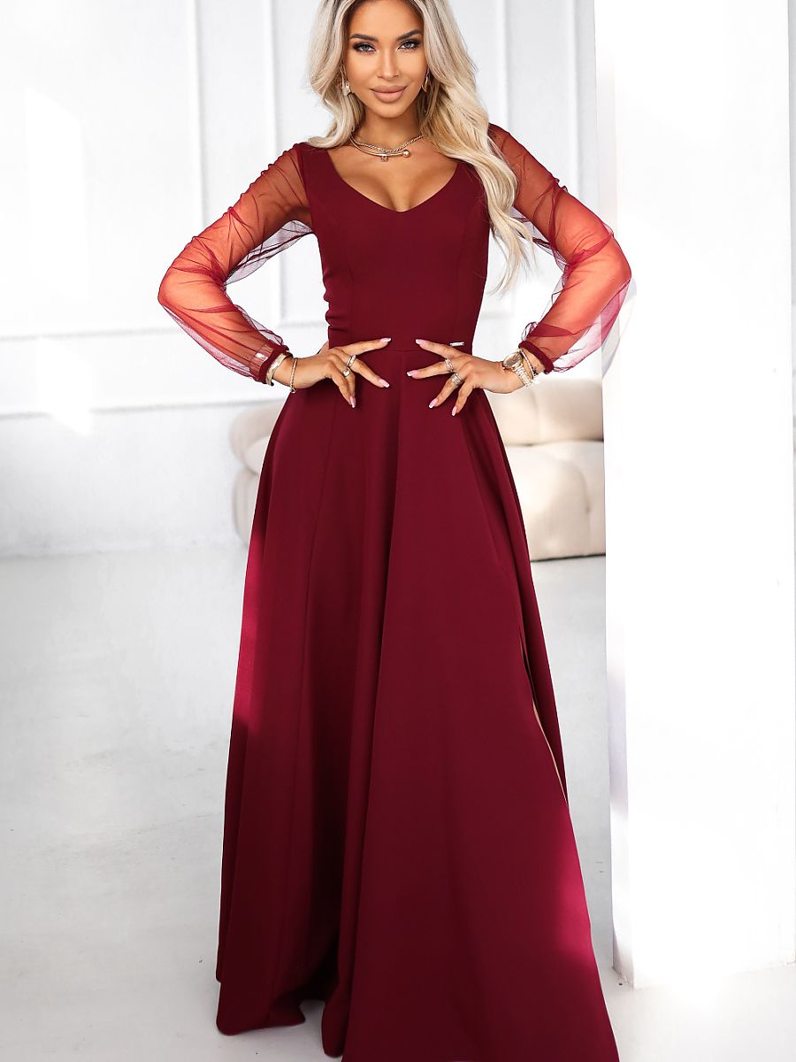 Robe longue Diane manches en tulle, coloris bordeaux, photo 1