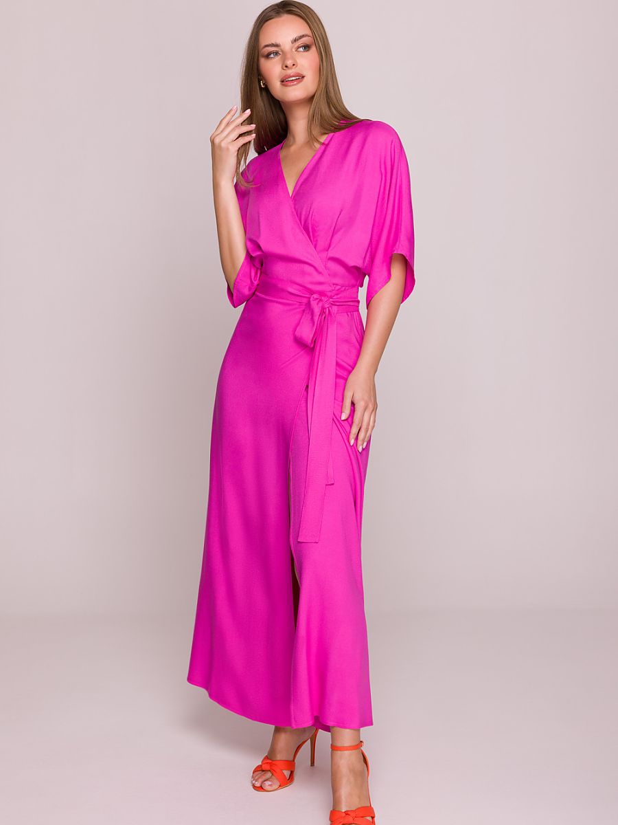 Robe longue portefeuille Inès, coloris fuchsia, photo 1