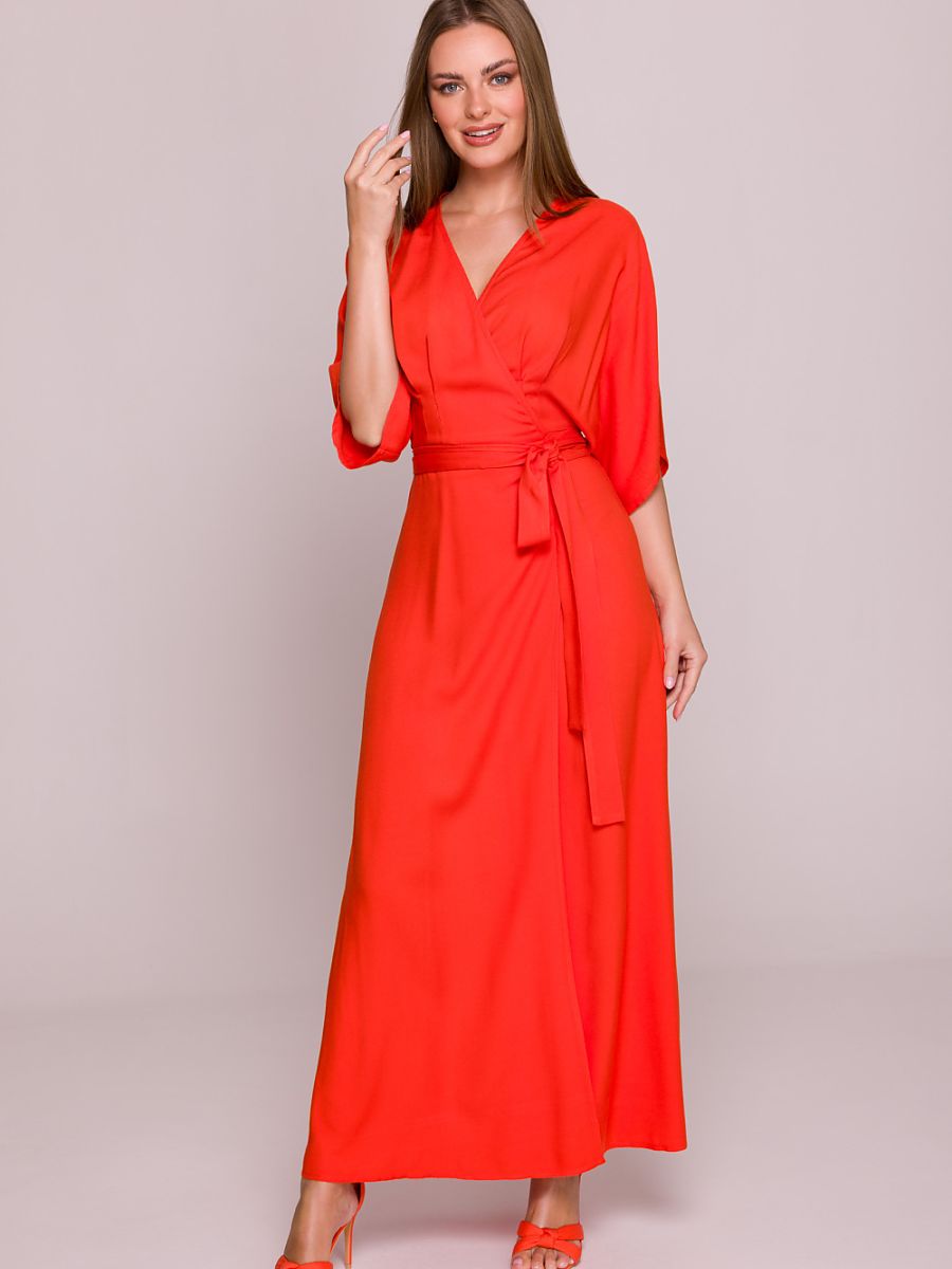Robe longue portefeuille Inès, coloris rouge coquelicot, photo 1