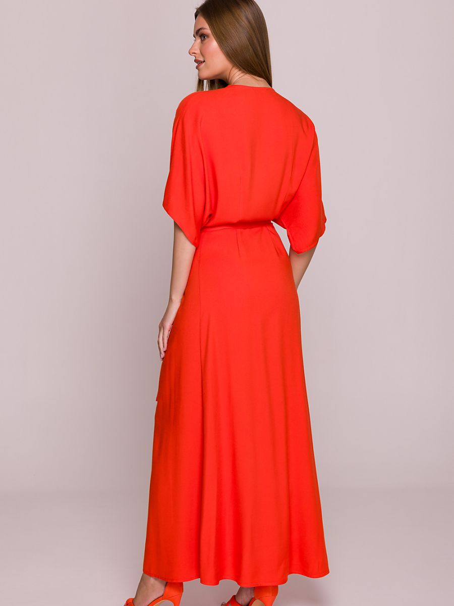 Robe longue portefeuille Inès, coloris rouge coquelicot, photo 2