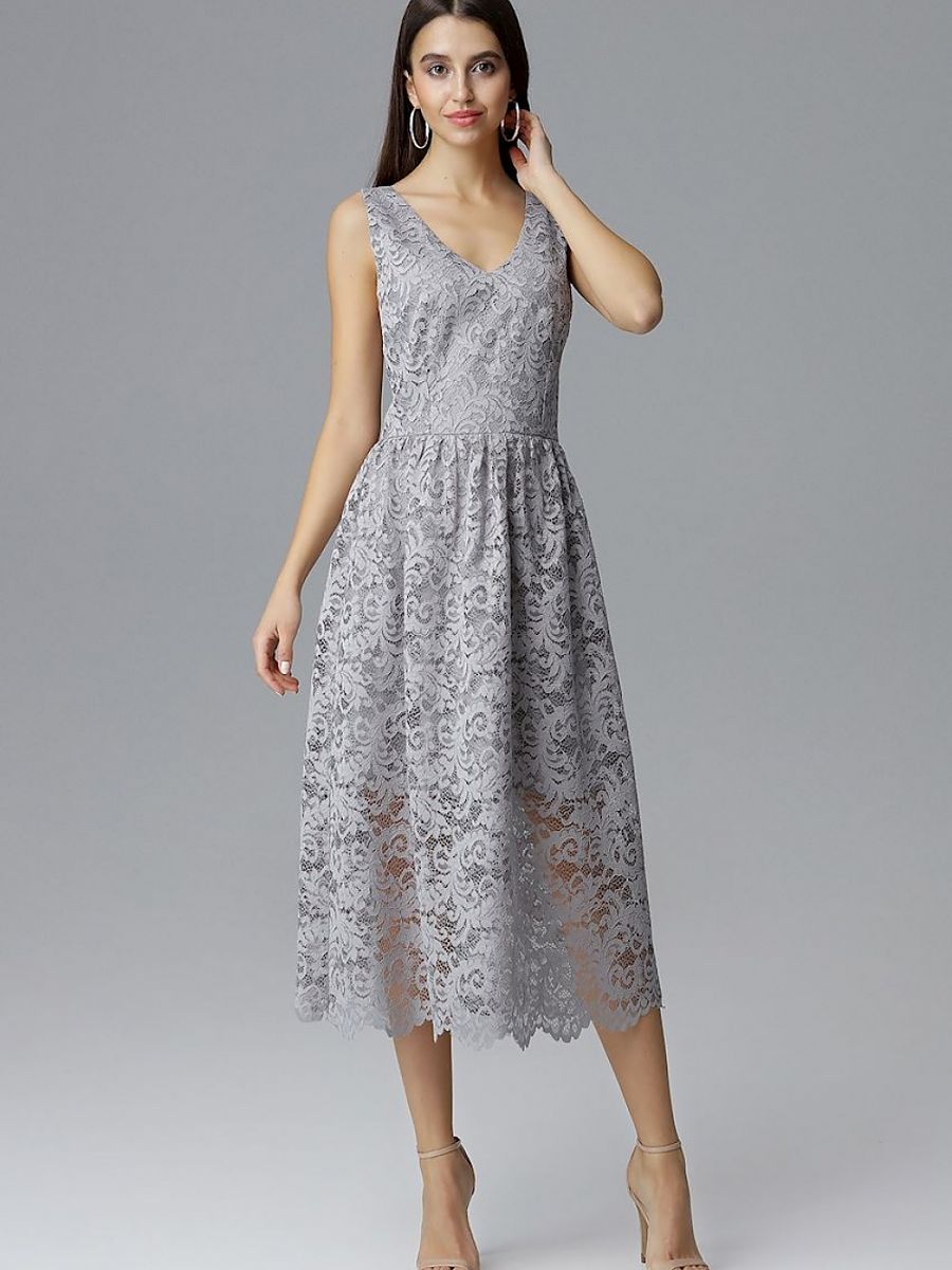 Robe midi Jeanne en dentelle, coloris gris perle, photo 1