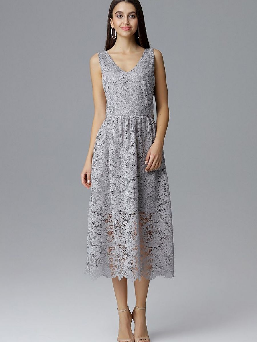 Robe midi Jeanne en dentelle, coloris gris perle, photo 2
