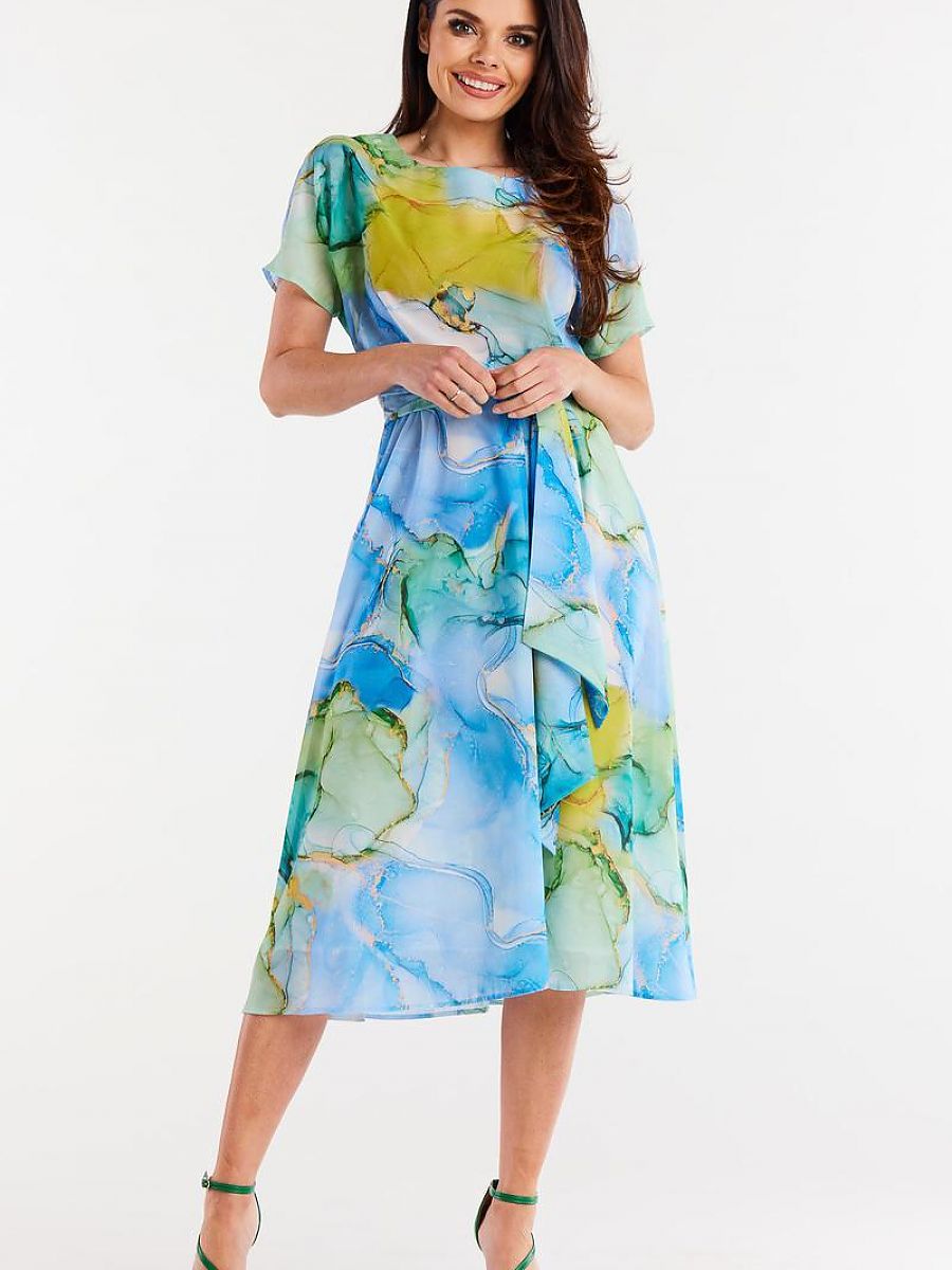 Robe midi fleurie Iris, coloris aquarelle bleue, photo 1