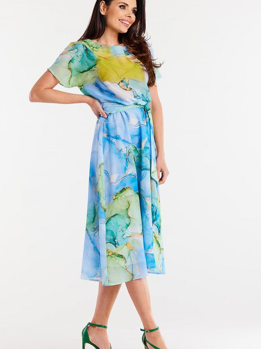 Robe midi fleurie Iris, coloris aquarelle bleue, photo 2