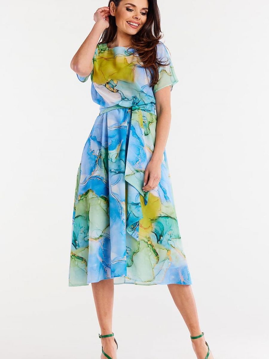Robe midi fleurie Iris, coloris aquarelle bleue, photo 4