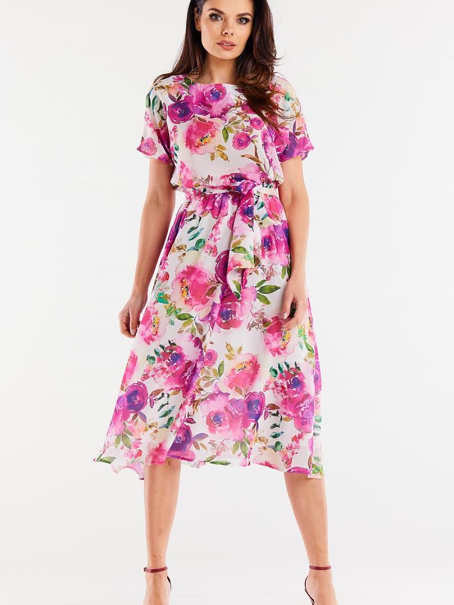 Robe midi fleurie Iris, coloris fleuri rose, photo 1