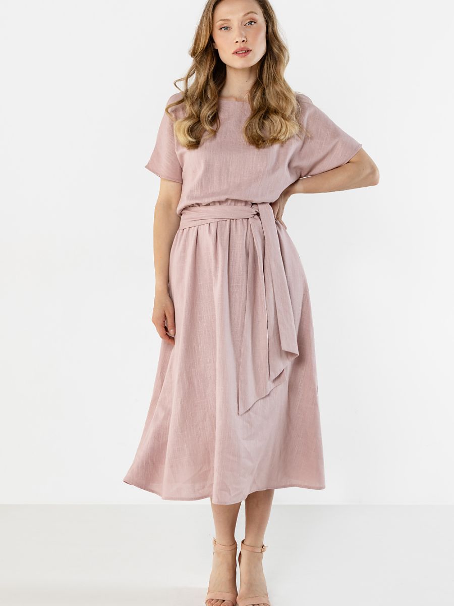 Robe midi Lou en lin, coloris rose poudré, photo 1