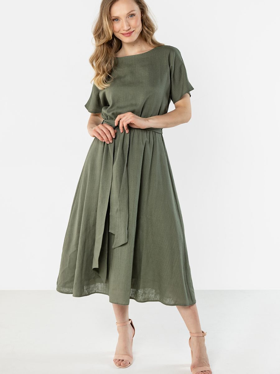 Robe midi Lou en lin, coloris vert sauge, photo 1