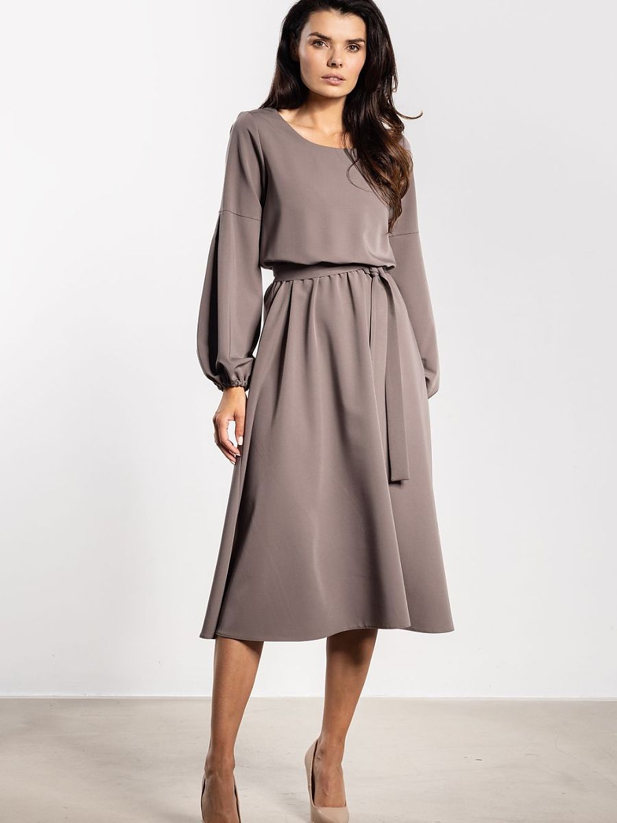 Robe midi Hortense ceinturée, coloris taupe, photo 2
