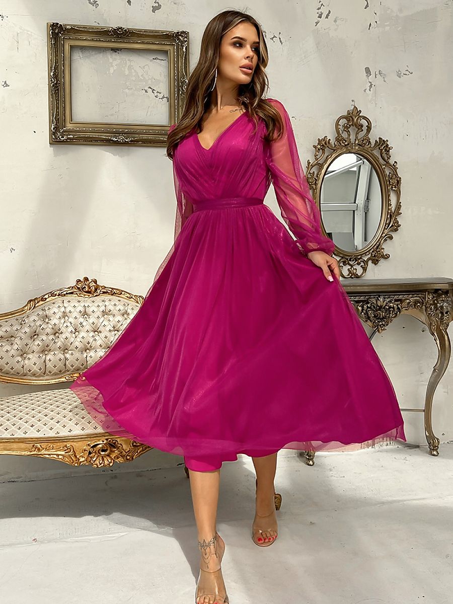Robe midi Mathilde en tulle, coloris framboise, photo 1