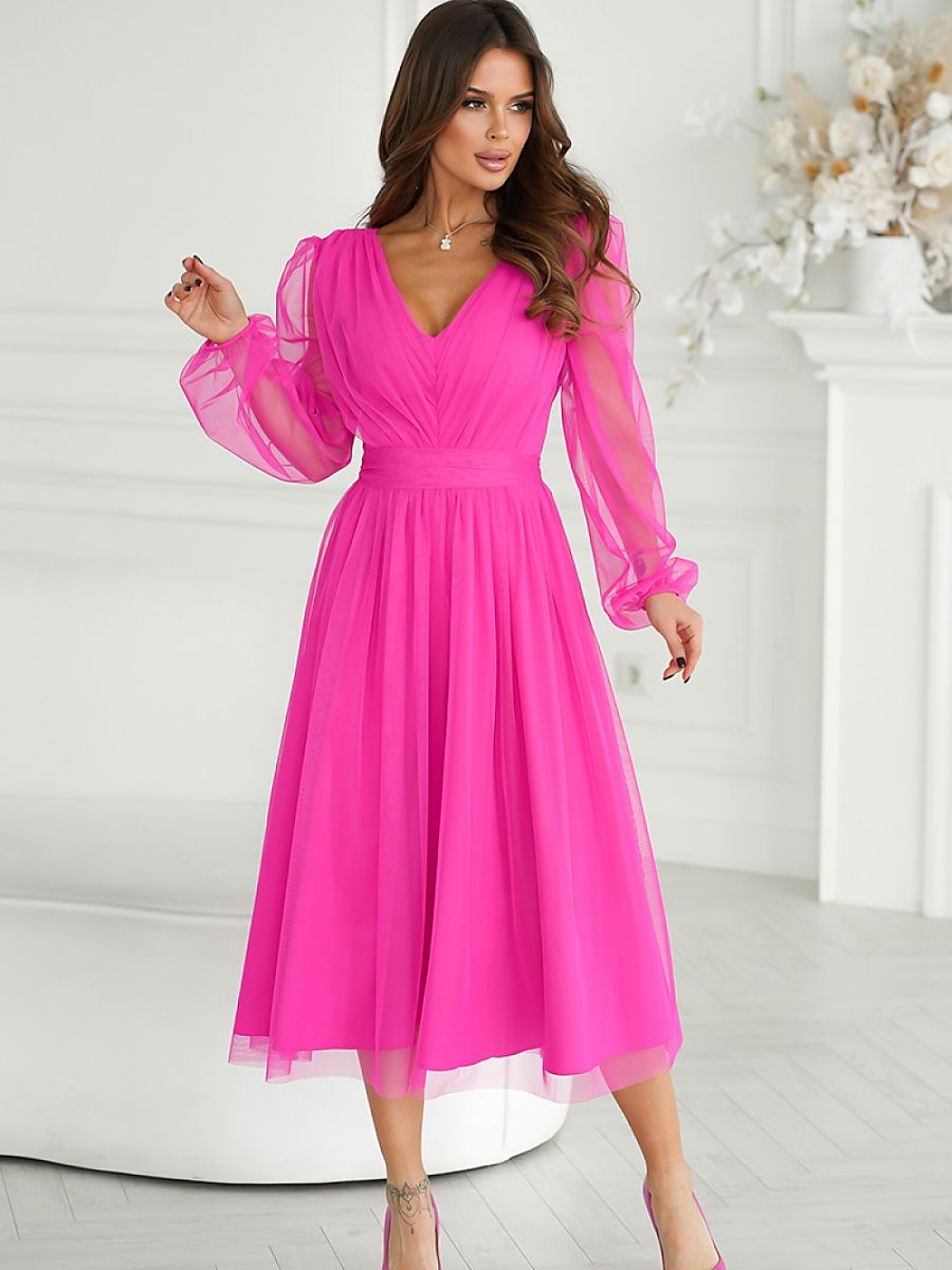 Robe midi Mathilde en tulle, coloris fuchsia, photo 2